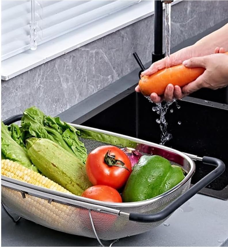 Over the Sink Colander, 6 Quart Stainless Steel Expandable Strainer