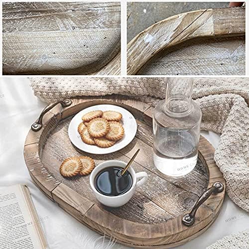 Modern Oval Wood Tray, Rustic Distressed Brown with Gold Handles