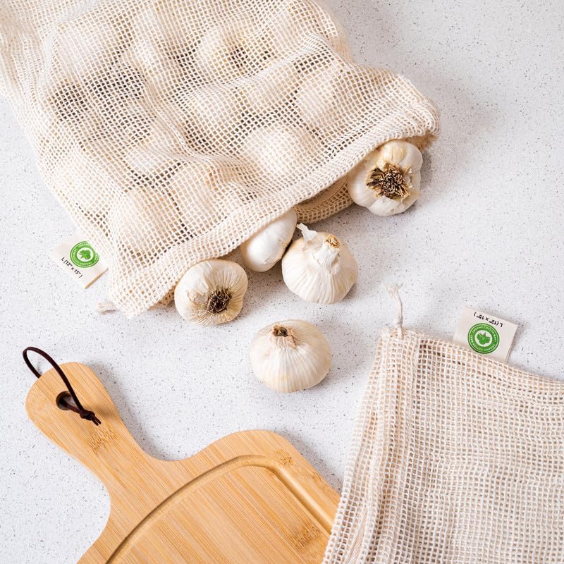 Reusable Garlic Storage Bags - Organic Cotton Garlic Mesh Bags with