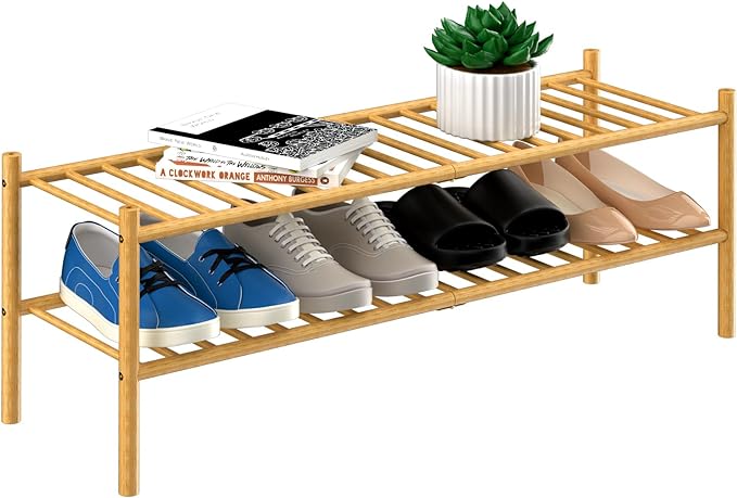 ROMGUAR CRAFT 2-Tier Bamboo Long Shoe Rack, Free Standing Wood Shoe Shelf by ROMGUAR+CRAFT
