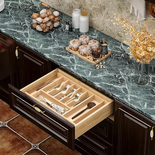 Clikuutory Natural Birch Wood Utensil Drawer Insert Organizer with 10