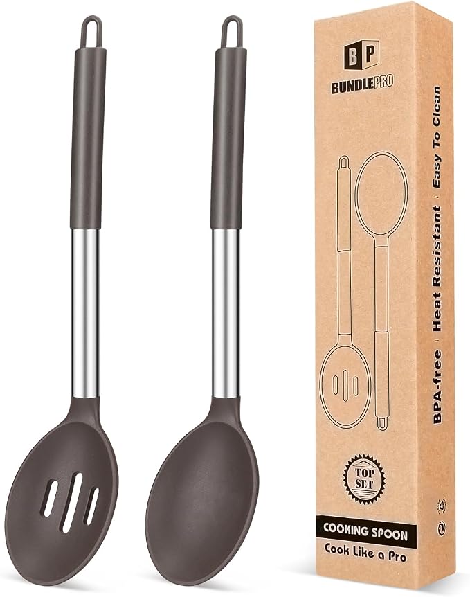 Pack of 2 Large Silicone Cooking Spoons, Non Stick Solid Basting Spoon by BUNDLEPRO