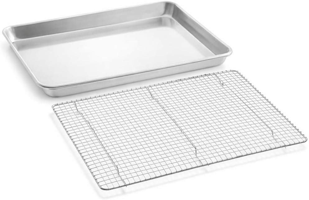 Half Size Aluminum Sheet Pan with Wire Rim and Cooling Rack, 19 Gauge