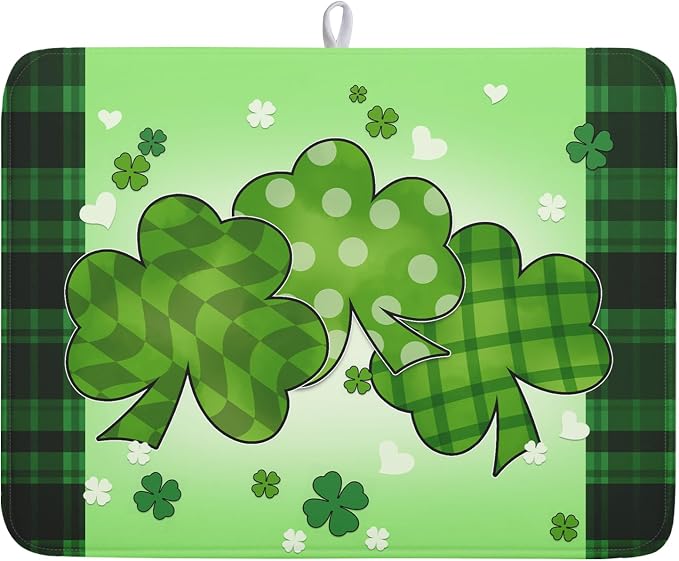 St Patricks Day Shamrocks Lucky Clovers Dish Drying Mat by Kawani