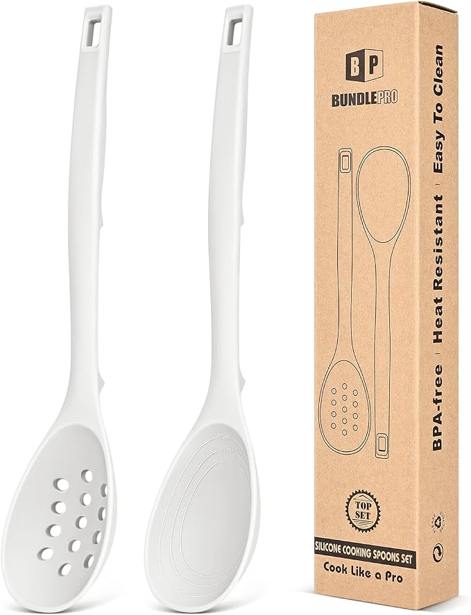 Pack of 2 Silicone Cooking Spoons, Non Stick Solid Kitchen Spoon by BUNDLEPRO