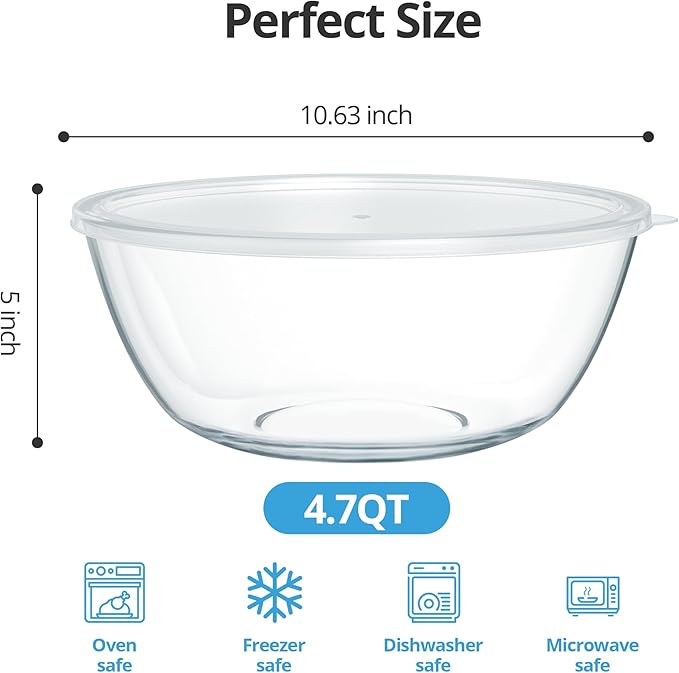 4.7 Qt Extra Large Glass Mixing Bowls Clear Glass Salad Cooking Bowls - Image 2