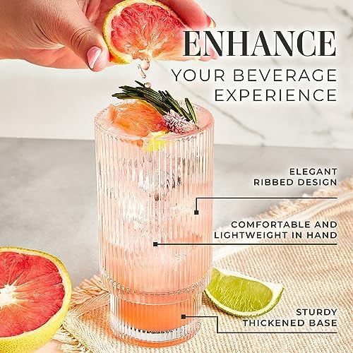 Kitchen Lux Ribbed Glass Cups 12oz (Set of 6) Highball Tall Glass