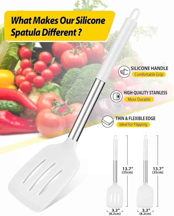Pack of 2 Silicone Solid Turner, Non Stick Slotted Kitchen Spatulas, High Heat - Image 2