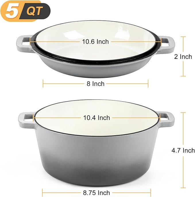P&P CHEF 5Qt Dutch Oven Pot for Bread Baking, 2 In 1 Round Cast Iron Dutch Oven - Image 2