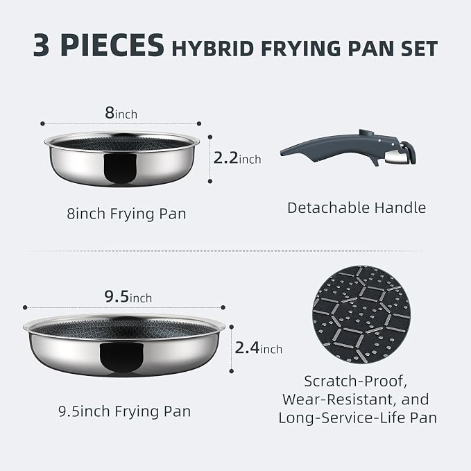 Ciwete Hybrid Non Stick Frying Pans Set 3-Piece, 8 & 9.5 Inch Tri-Ply Stainless - Image 2