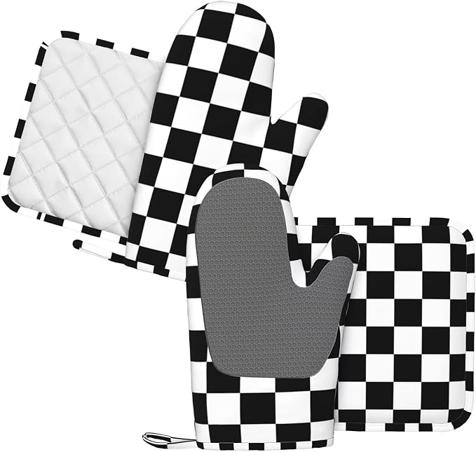 Black White Check Plaid Oven Mitts and Pot Holders Sets Silicone Black and - Image 2