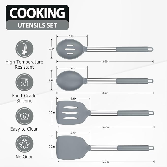 Pack of 4 Large Silicone Cooking Spatulas and Spoons, Slotted and Solid - Image 2