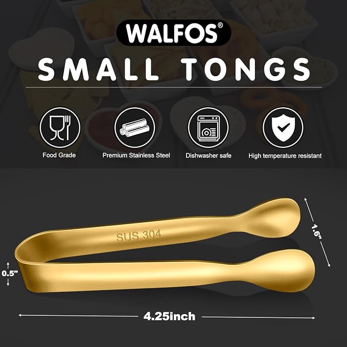 Walfos Small Gold Tongs For Serving, Food Grade Stainless Steel 4" Mini Tongs - Image 5