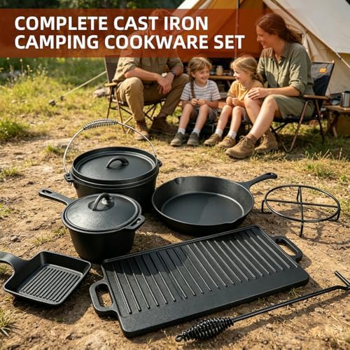 DVK 8 Piece Cast Iron Cookware Set with Vintage Wooden Storage Box