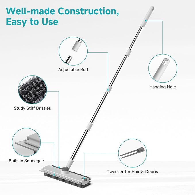 Floor Scrub Brush with Long Handle Length Adjustable, 3 in 1 Heavy-Duty Stiff - Image 5