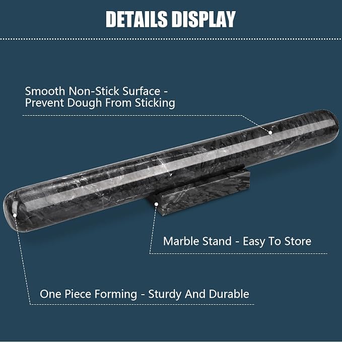 Marble Rolling Pin with Stand, 15.7" Black Stone French Heavy Polished Non - Image 3