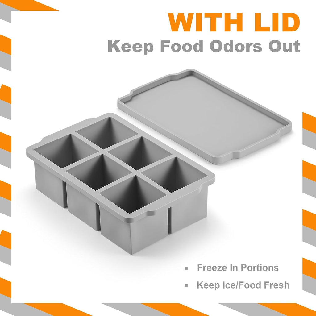 Large Ice Cube Molds Tray with Lid, Pack of 2, Stackable Big Silicone