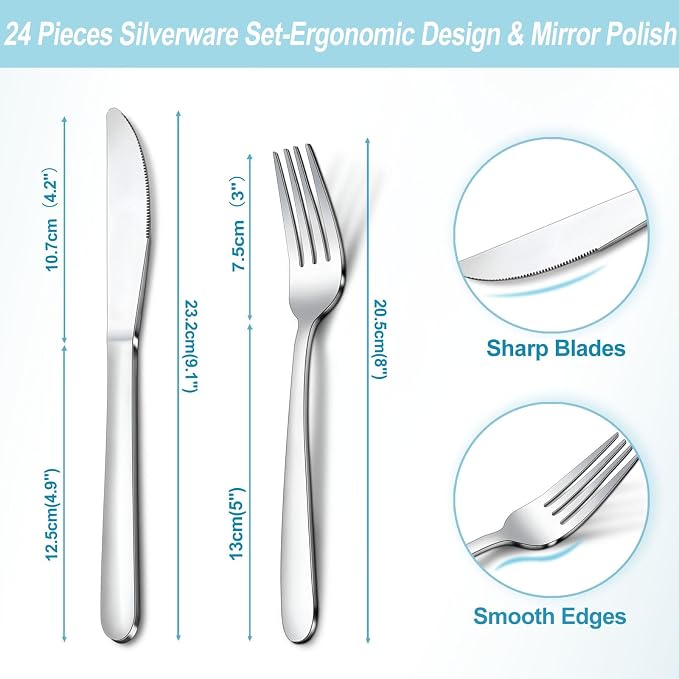 24-Piece Forks and Knives Set for 12, Food-Grade Stainless Steel Silverware Set - Image 2