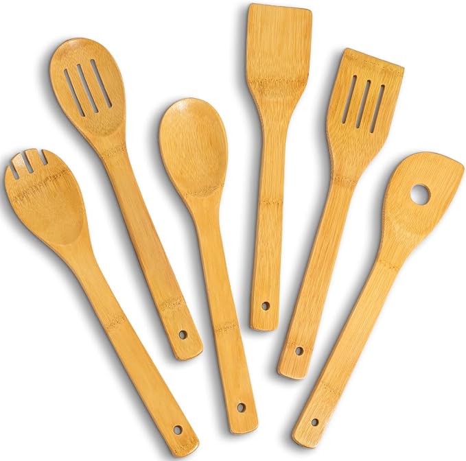 IOOLEEM Bamboo Wooden Spoons for Cooking 6 Pcs 12 Inch, Non-Stick Wooden by IOOLEEM