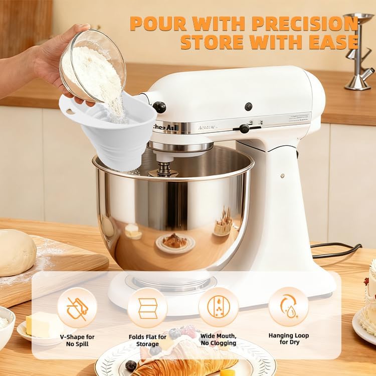 Flour Funnel for Kitchen Aid&Cream Scraper Set, Silicone Food-Grade