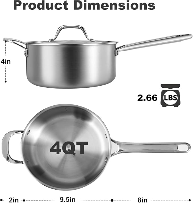 4 QT Saucepan with Lid, 3-Ply Stainless Steel Stockpot, Induction Compatible - Image 5
