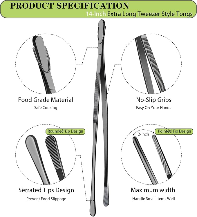 JETKONG 2 Pcs 14-Inch Food Tweezer Tongs Extra Long Stainless Steel Kitchen - Image 2