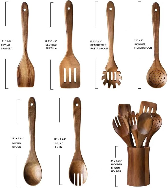7 Piece Natural Acacia Wooden Kitchen Utensil Set - Image 6
