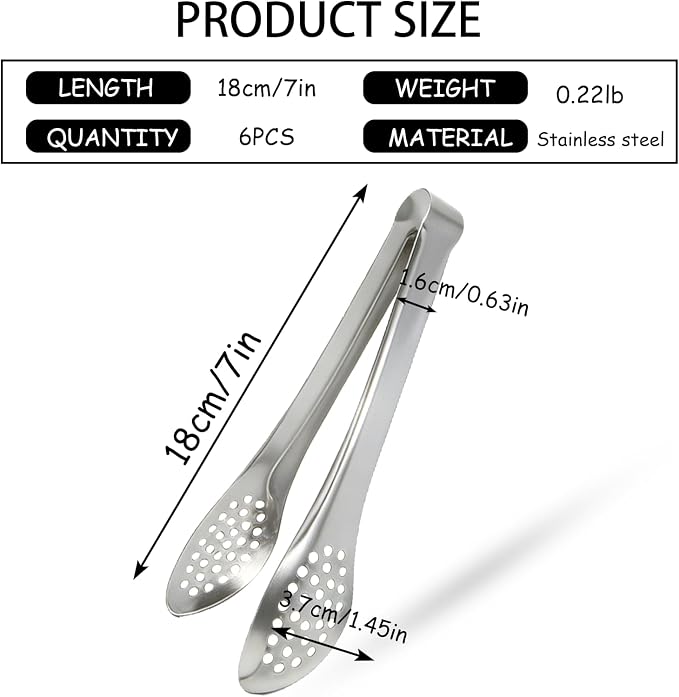 6 PCS Silver Serving Tongs for Party 7 Inch Stainless Steel Serving Utensils - Image 2
