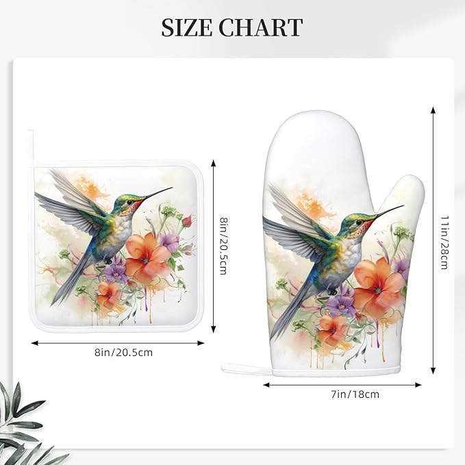 Oven Mitts and Pot Holders Watercolor Hummingbird Flower Silicone Kitchen - Image 3