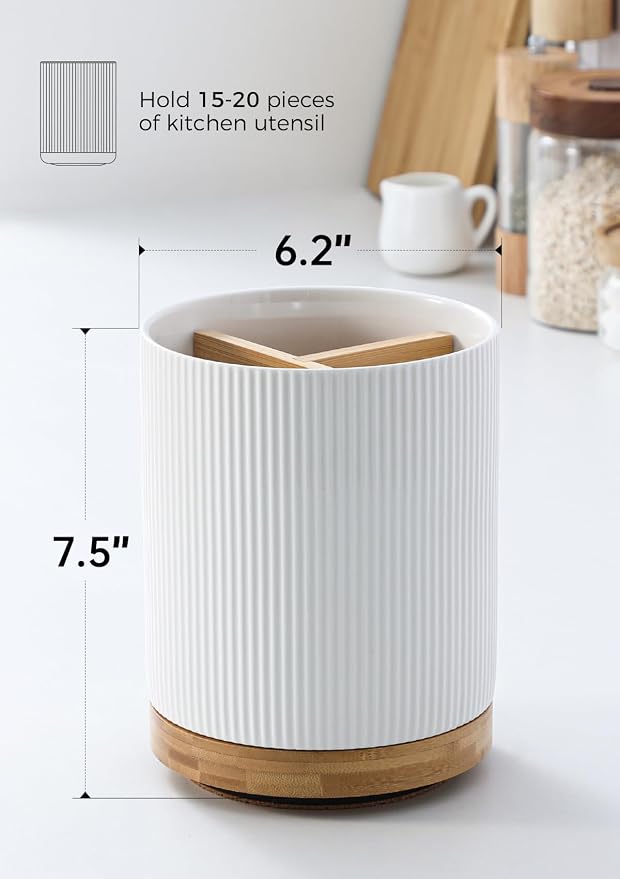 LoeJan 7.5" Utensil Holder, 3 Compartment Ceramic Kitchen Utensil Holder - Image 2