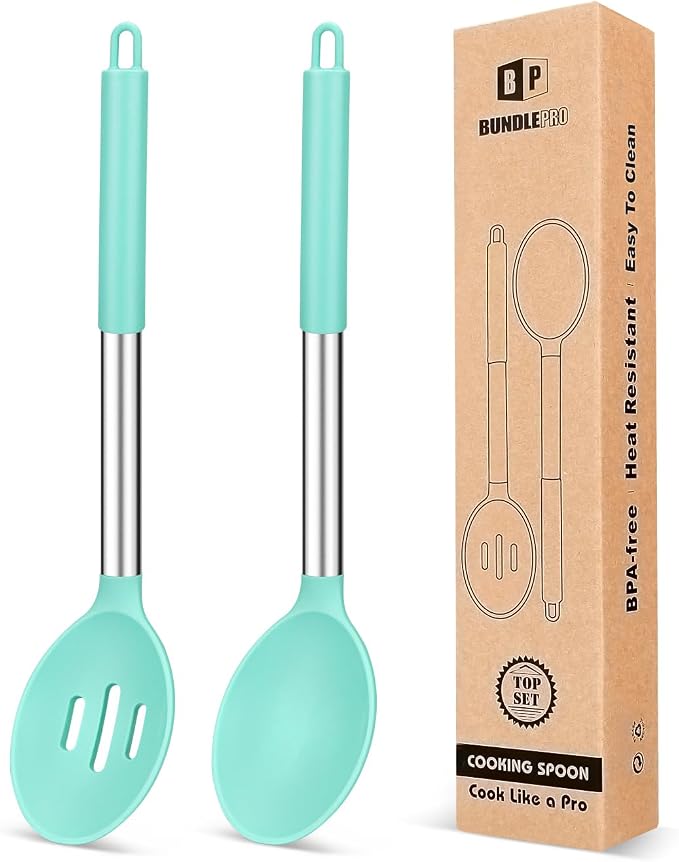 Pack of 2 Large Silicone Cooking Spoons, Non Stick Solid Basting Spoon by BUNDLEPRO