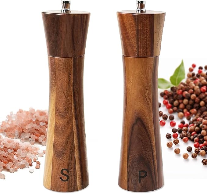 Wooden Salt and Pepper Grinders Set, 8 inch Acacia Wooden Salt and Pepper Mills by ouktor