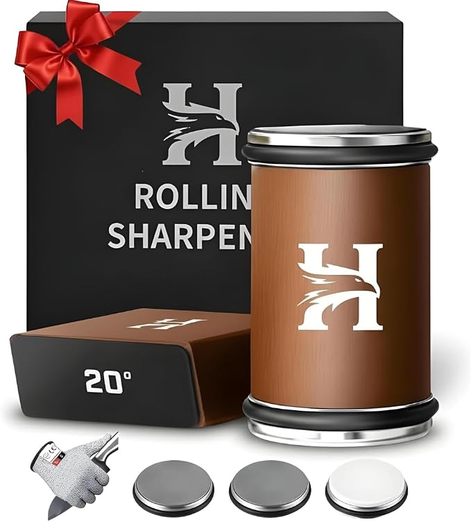 Rolling Knife Sharpener Kit – 3-Stage 400/1000/3000 Grit Discs – 15° & 20° by HIBWA
