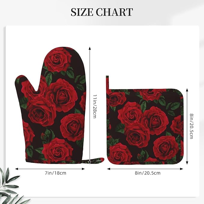 Red Black Rose Flower Oven Mitts and Pot Holders Sets of 4, Heat Resistant - Image 2