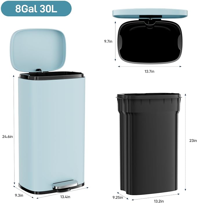 Arlopu 8/13.2 Gallon Step Trash Can, Stainless Steel Garbage Bin, Soft-Close - Image 2