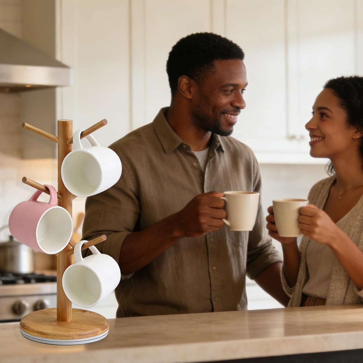 Coffee Mug Tree, 360° Rotated Mug Holder with 6 Hooks, Bamboo Latte