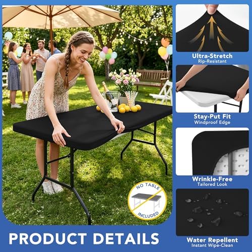 Fitted Tablecloth for 6 Foot Rectangle Tables-Black Picnic Table