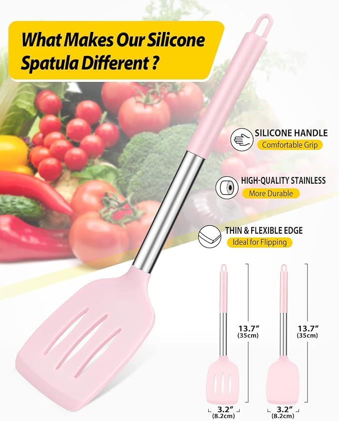 Pack of 2 Silicone Solid Turner, Non Stick Slotted Kitchen Spatulas, High Heat - Image 2