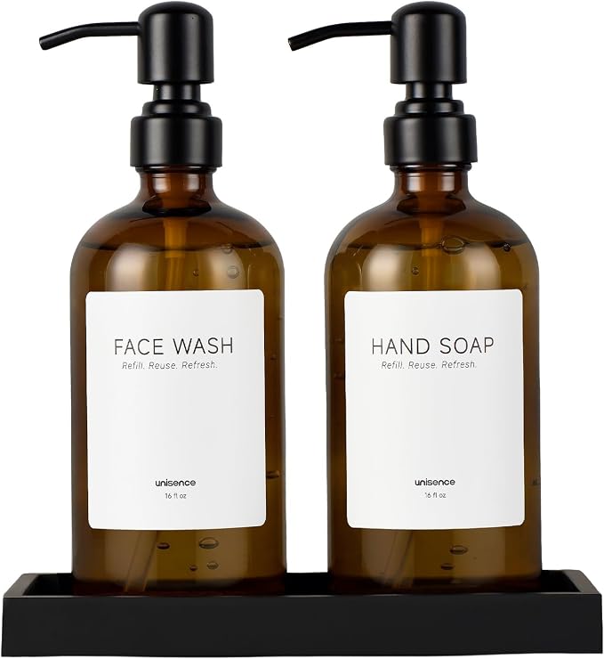 Glass Soap Dispenser Set for Kitchen, Hand and Dish Soap Dispenser by unisence