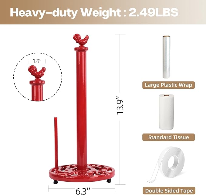 Vintage Red Rooster Cast Iron Paper Towel Holder - Image 6
