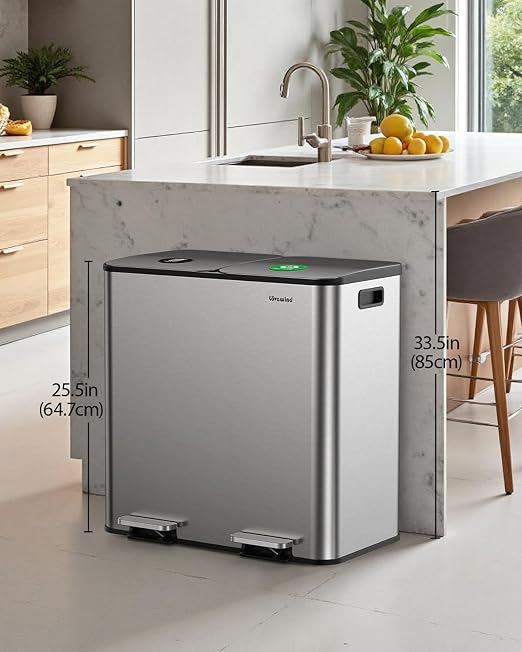 Dual Trash and Recycling Bins for Kitchen, 2×13 Gallon Stainless Steel Trash - Image 2