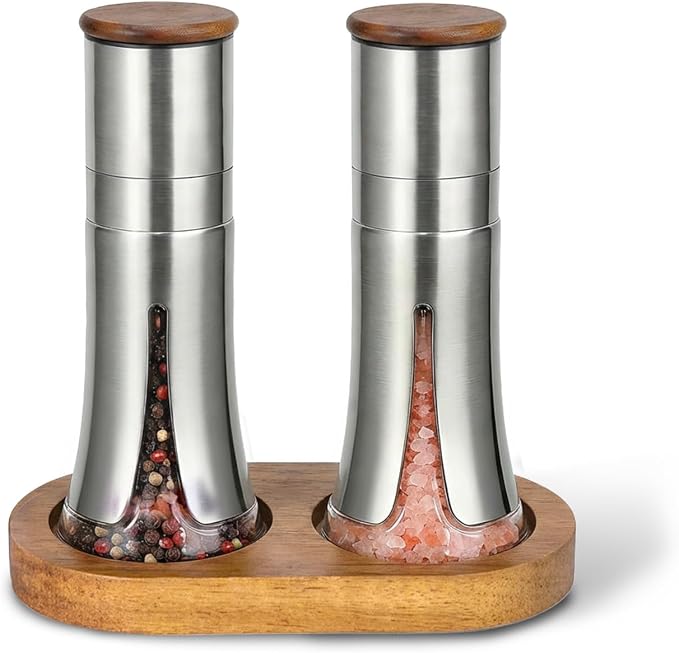 Aelga Salt and Pepper Grinder Set - 4oz Glass Manual Pepper Mill with 5-Level by Aelga