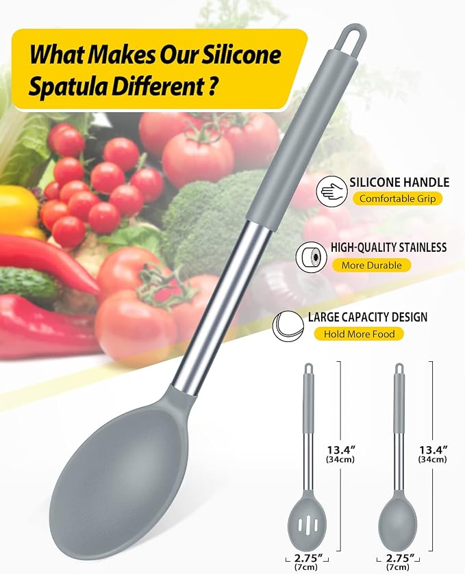 Pack of 2 Large Silicone Cooking Spoons, Non Stick Solid Basting Spoon - Image 2