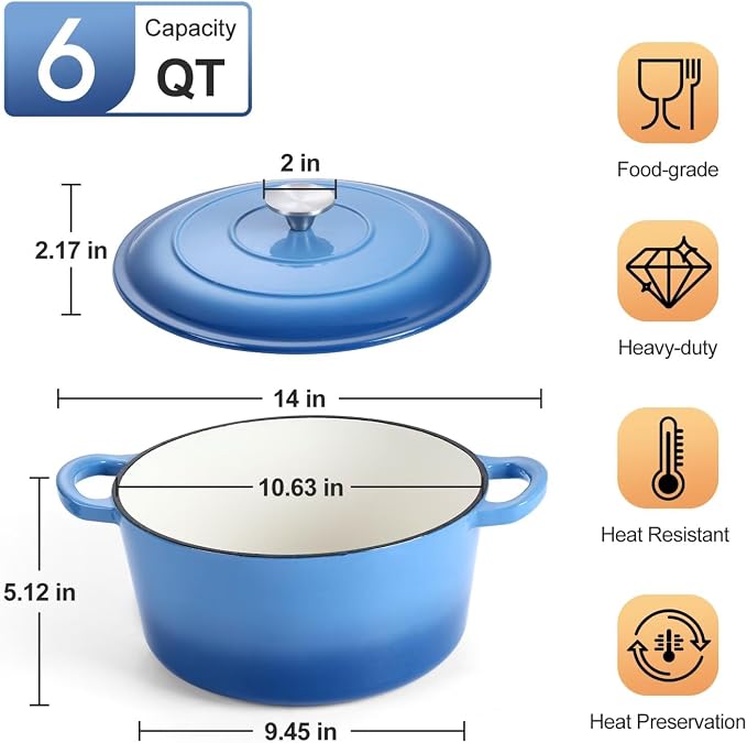 P&P CHEF 6QT Enameled Dutch Oven, Cast Iron Dutch Oven Pot - Image 2