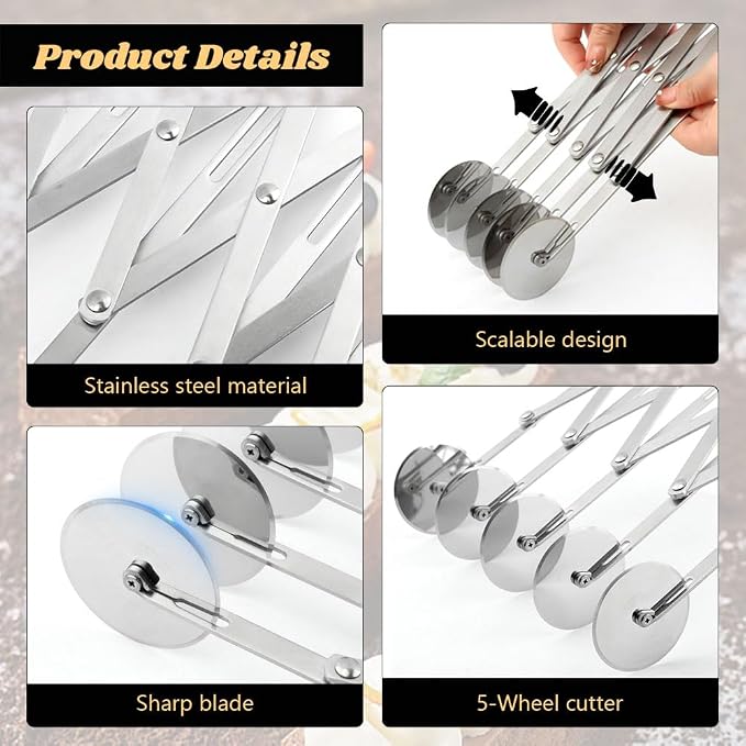 5 Wheel Pastry Cutter, Stainless Pizza Slicer, with1 Pc Double Wheel Cutter - Image 5