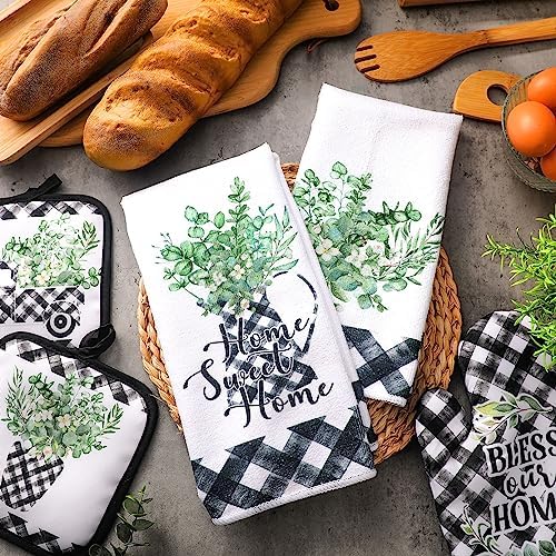 5 Pcs Buffalo Plaid Oven Mitts Pot Holders Dish Towels Set Including