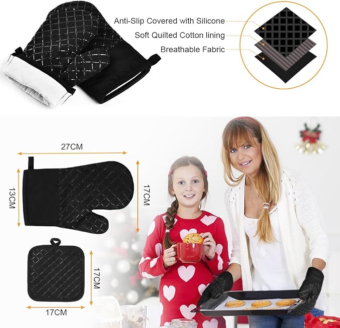 AUAUY Oven Mitts and Pot Holders 4PCS Set, 230°C/446°F Heat Resistant BBQ Gloves - Image 2