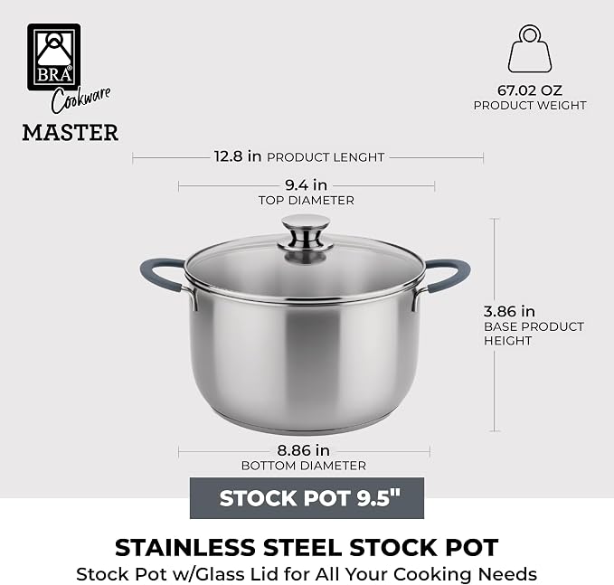 BRA COOKWARE Master Stainless Steel Stock Pot w/Glass Lid | 9.5 Inch 4 Quart - Image 2