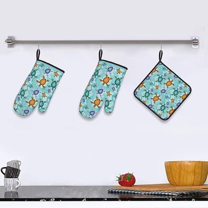 Cute Sea Turtle Beach Oven Mitts and Pot Holders Set Ocean Themed Decorative - Image 6