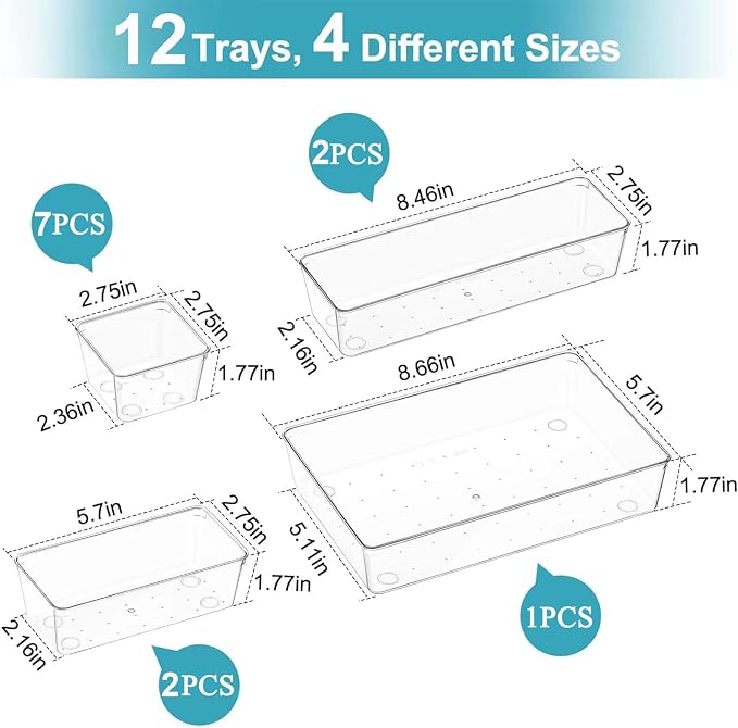 Manalete Drawer Organizers Set of 12, 4 Sizes Clear Plastic Drawer Organizers - Image 2